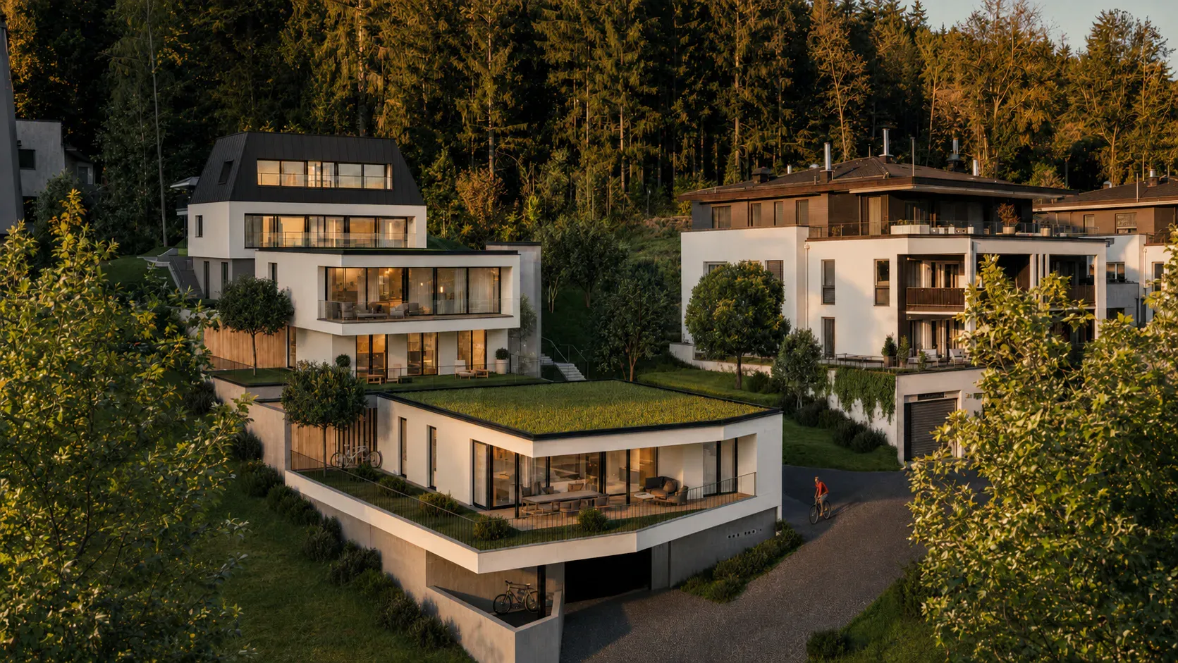 Abendliche Visualisierung des terrassenförmigen Ensembles der Villen St. Martin – Symbolfoto, mit KI bearbeitet