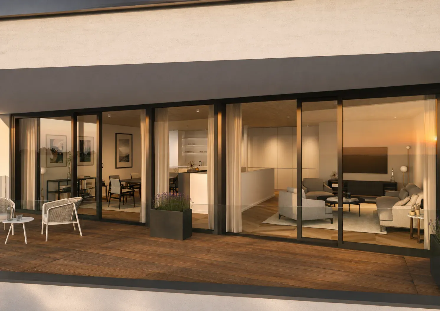 Großzügige Glasflächen und Terrasse – Symbolfoto, mit KI bearbeitet